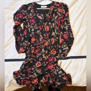 A.L.C. Black Floral Wrap Blouse with Red & Pink Blooms